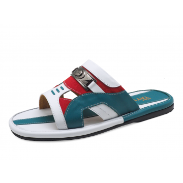 Men Sandals SKF-21 White-Blue Nappa-Orange Suede